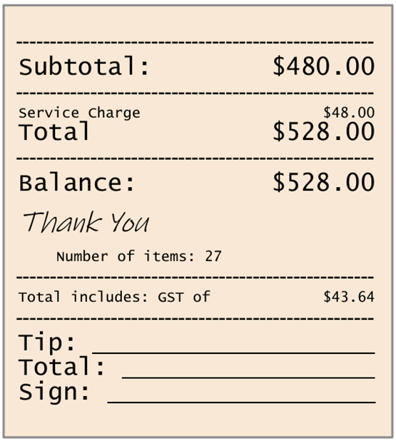 image showing a ‘sneaky’ service charge, in quite small print, added to a Sydney restaurant bill, October 2022