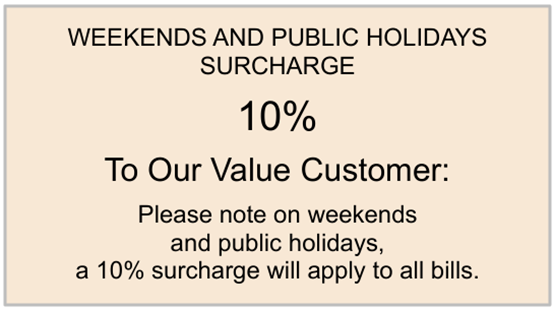 image showing a copy of a surcharge notice as displayed in a Sydney café, June 2022