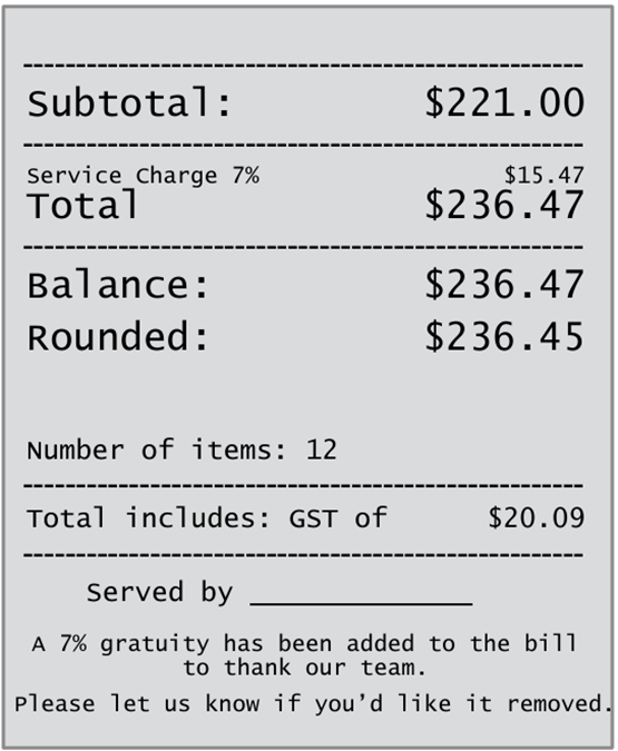image showing a service charge/gratuity added to Sydney restaurant bill, June 2025