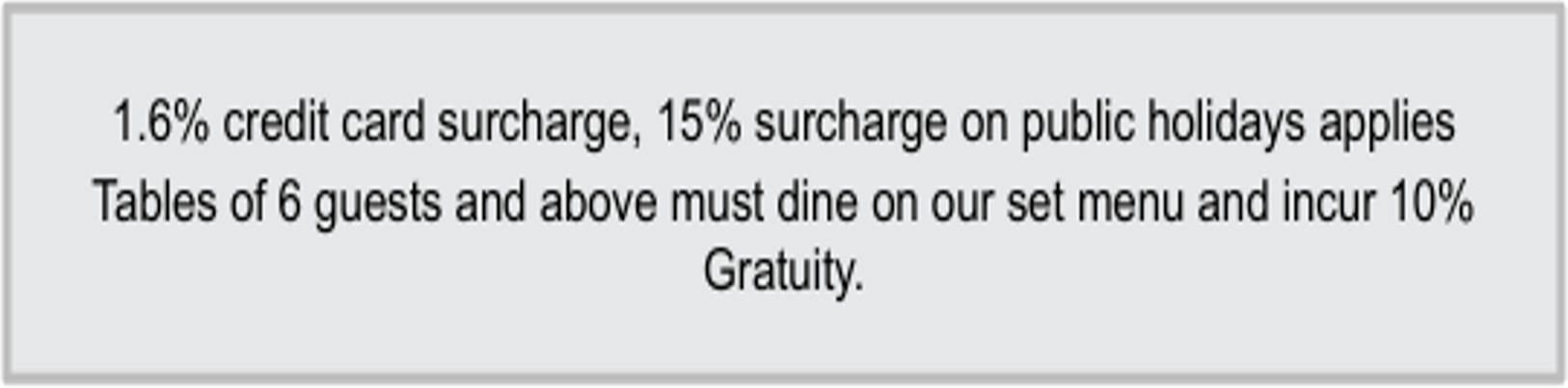 image showing example of surcharges listed on a Sydney restaurant menu, May 2026