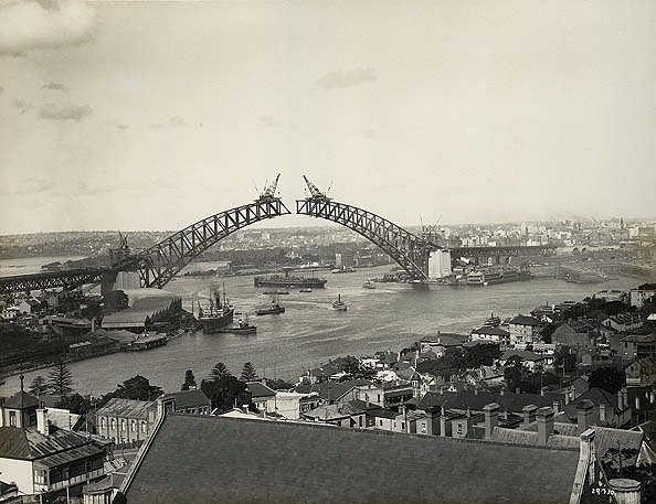 Sydney Harbour Bridge under construction 29 July 1930 with the two halves of the Sydney Harbour Bridge about to be joined