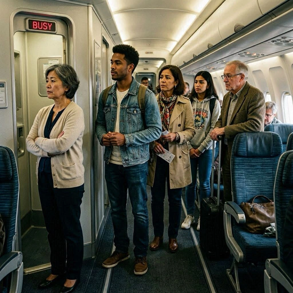Image showing a number of passengers waiting anxiously outside a "busy" toilet on an airliner