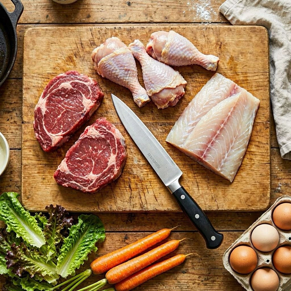 Image of a wooden chopping board , with raw steaks, poultry legs, and fish on the board, and raw lettuce, carrots, and eggs beside it