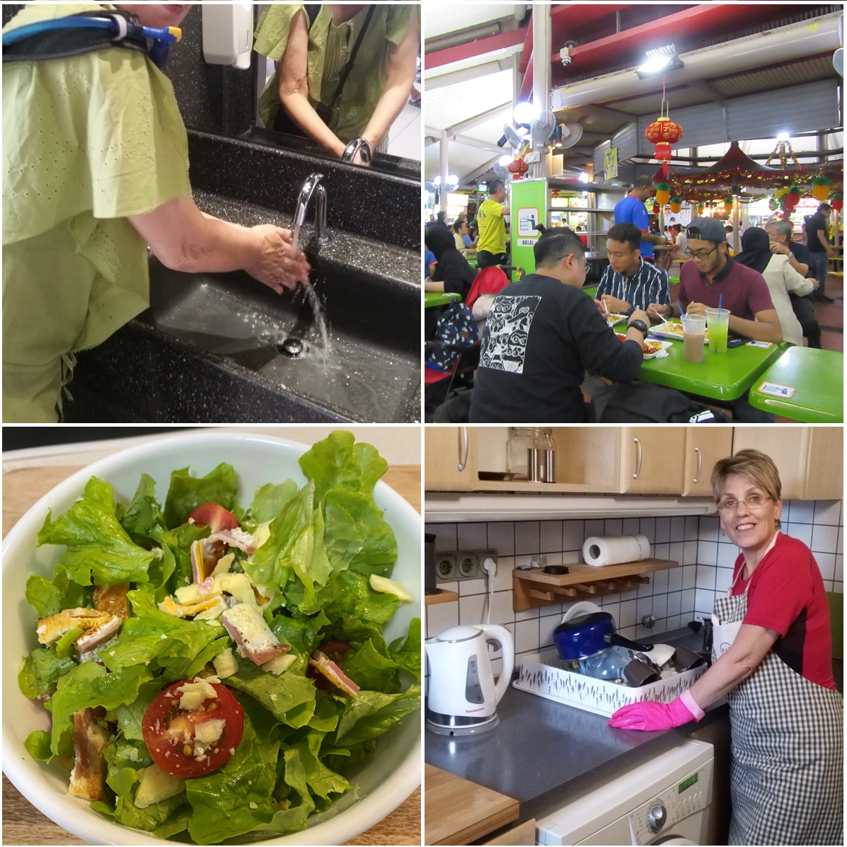 Collage of four images showing food safety scenes - top-left = hand washing; top-right = a busy food hall; bottom-left = a salad bowl; bottom-right = a clean kitchen bench