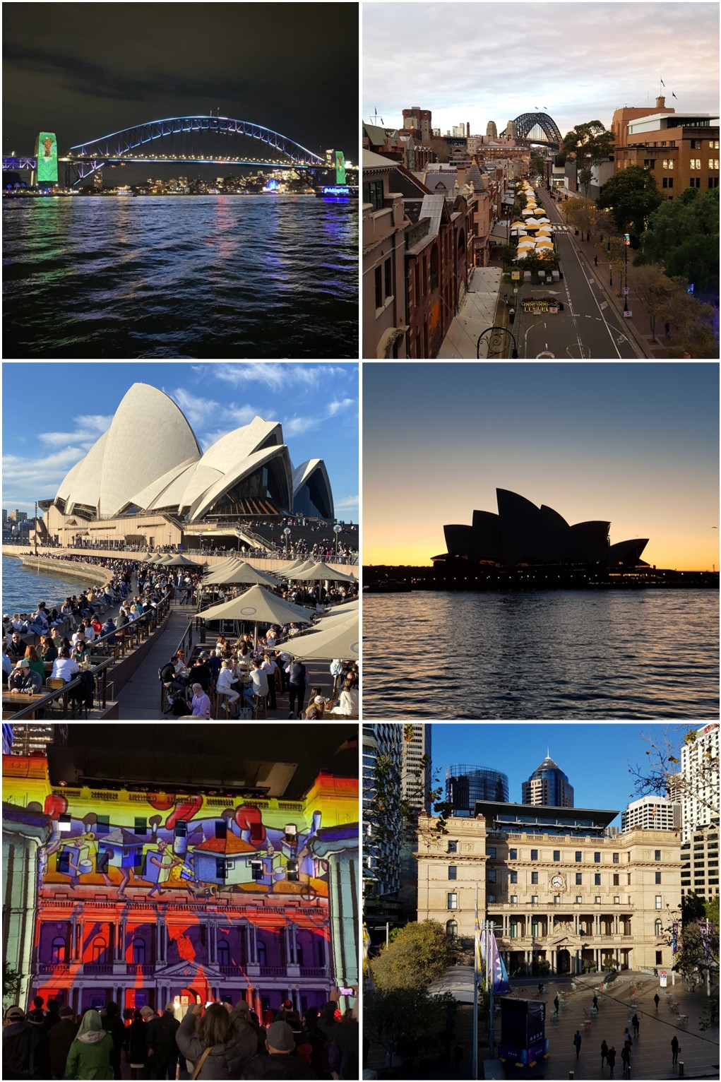 Collage of six scenes of Sydney, all taken during winter - top-left = Sydney Harbour Bridge, Vivid Light Festival; top-right = a view along George Street at The Rocks; middle-left = Sydney Opera House, mid-winter weekend; middle-right = Sydney Opera House, mid-winter sunrise; bottom-left =Vivid Light Festival display on Customs House; bottom-right = Customs House in the early morning sun