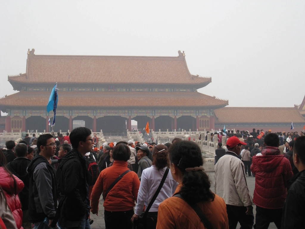 Image showing crowds of tourists a the Forbidden City (Beijing) on an overcast, dull looking day