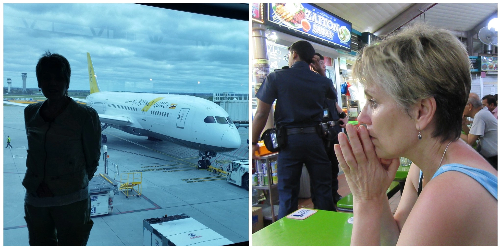 Collage of two images - left = a figure standing in front of a window with an airliner visible outside the window; right = Marlene in a contemplative pose, taken at the Adam Road Food Centre, Singapore