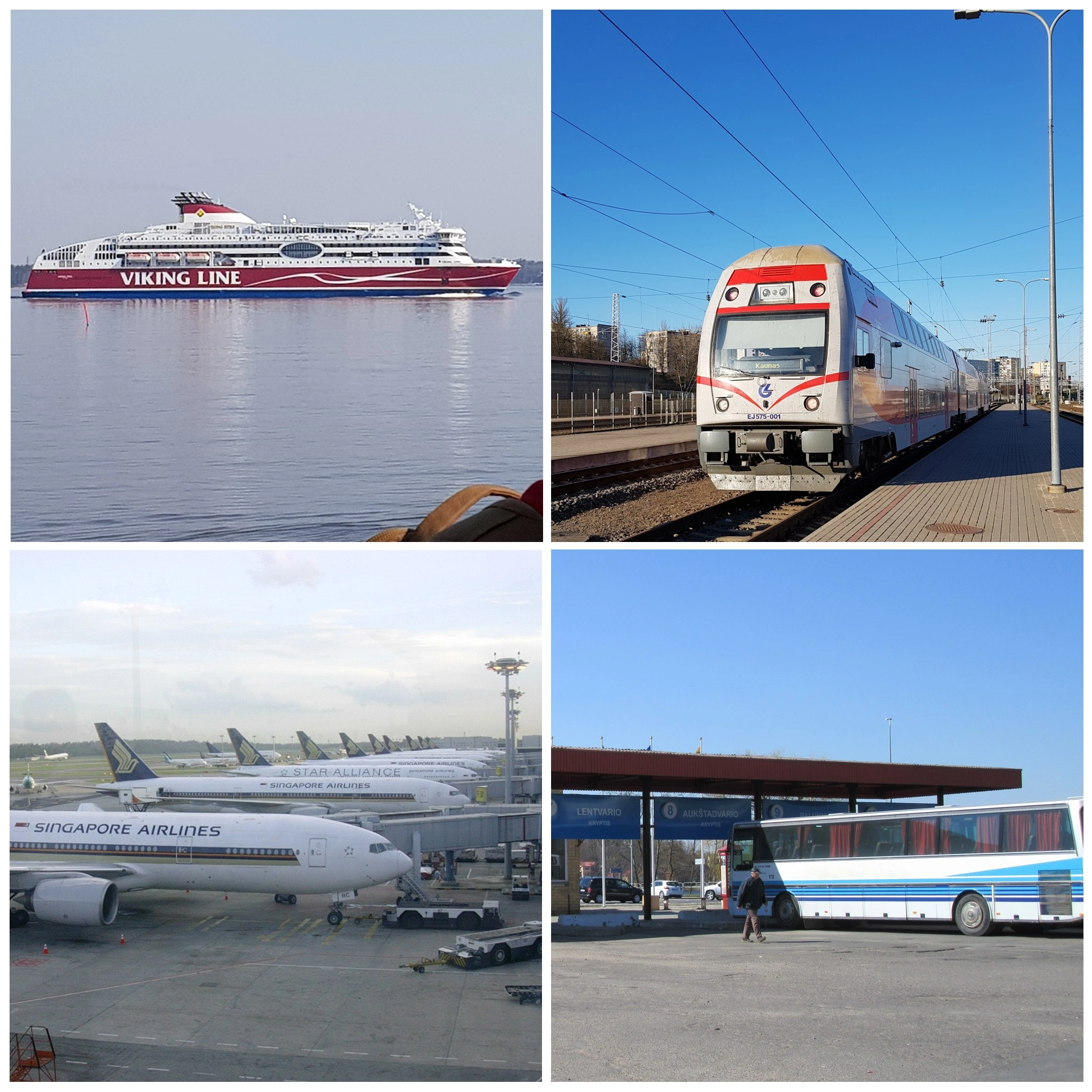 Collage of four images showig common modes of travel - top-left = Viking Line Ferry; top-right = Lithuanian train to Kaunas; bottom-left = row of Singapore Airlines planes at Changi International Airport; bottom-right = a bus stop at Trakai, Lithuania