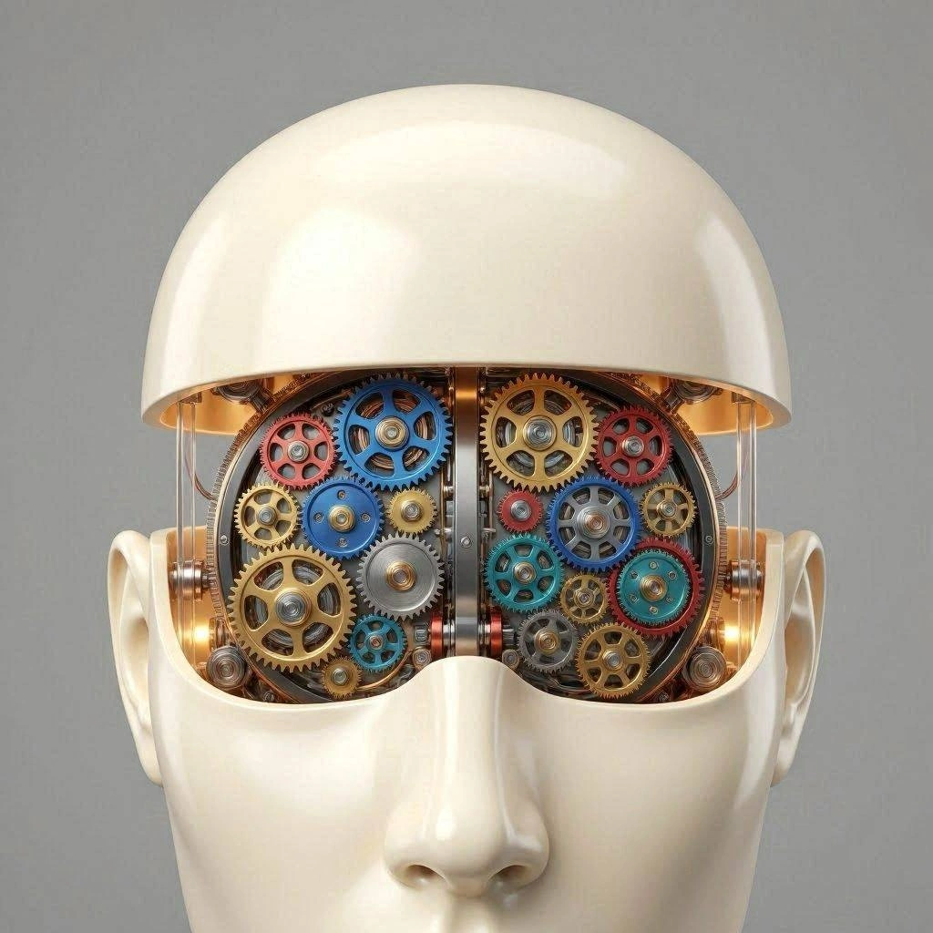 AI-generated image of a humanoid mannequin face, with the top part above the eyeline raised to sho a series of interconnected cogs in the cavity where the brain would be