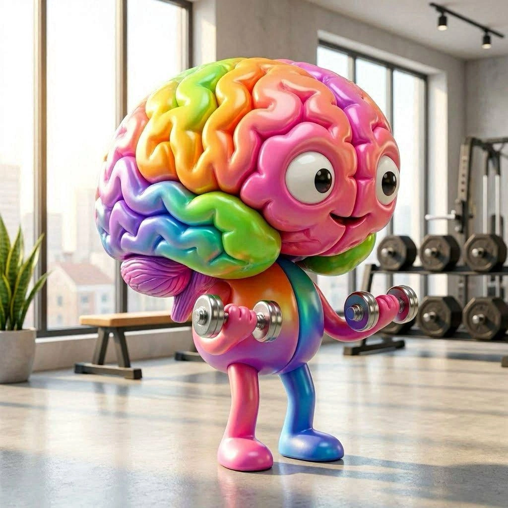 AI-generated image showing a multi-coloured brain doing weight training with a set of dumbbells