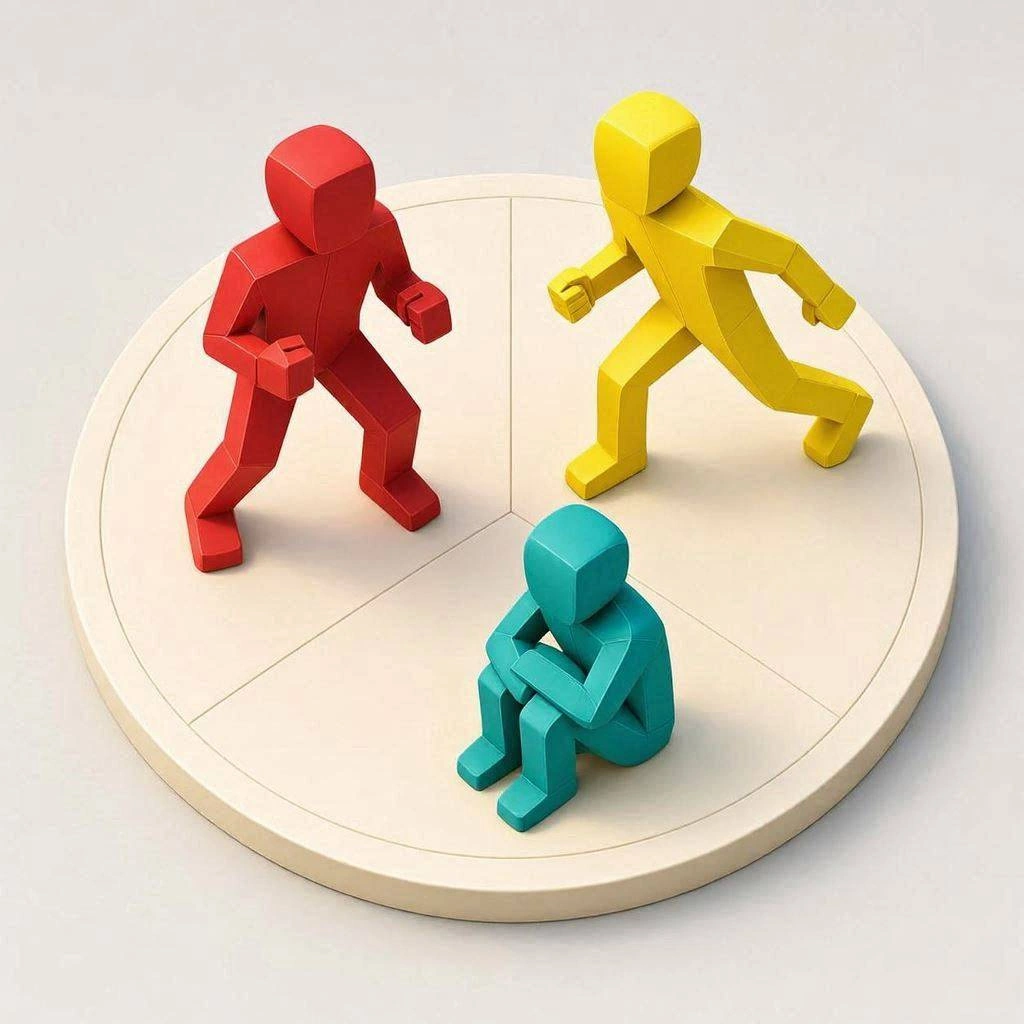 image showing three humanoid figures illustrating fight, flight, freeze survival instincts