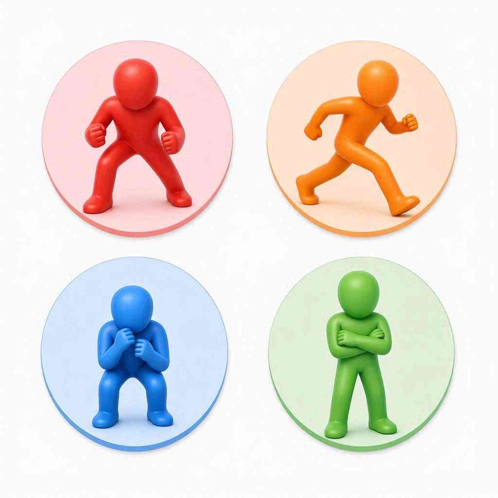 AI-generated image showing humanoid figures respresenting The Fighter, The Flighter, The Freezer, and The Adapter
