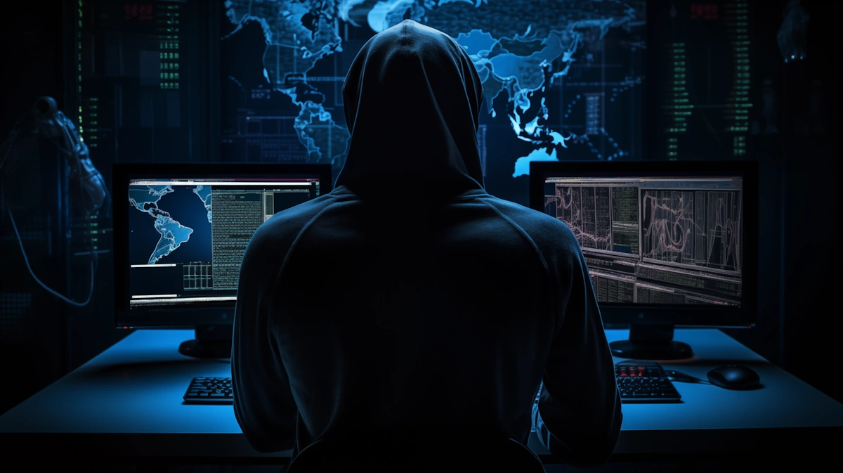 A concept image of a hacker at work in a dark room - Credit: Microbiz Mag