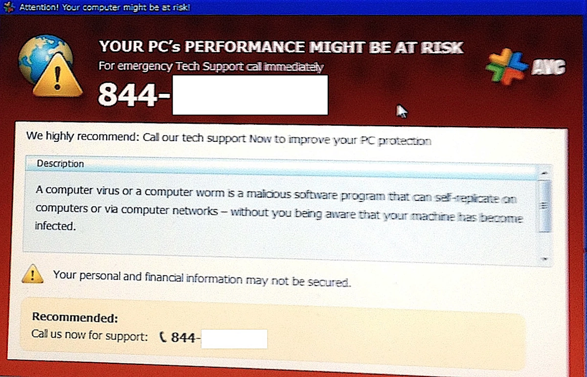 Image of a screenshot showing a suspect program impersonating an antivirus warning, 2014 - Credit: Packer1028