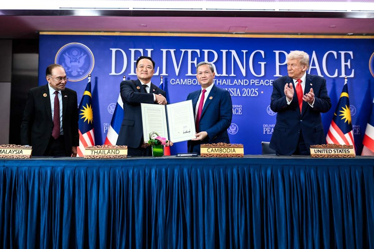 An image showing US President, Malaysian Prime Minister, Cambodian Prime Minister, and Thailand Prime Minister at the signing of the Kuala Lumpur Accord, 26 October 2025 - Credit: The White House