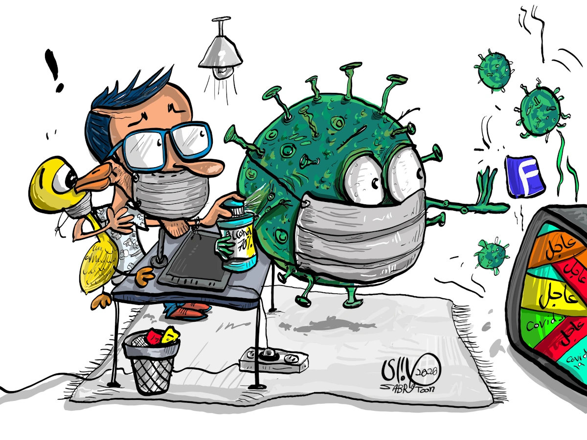 Image showing a corona cartoon from the covid pandemic – Credit: Sabrytoon