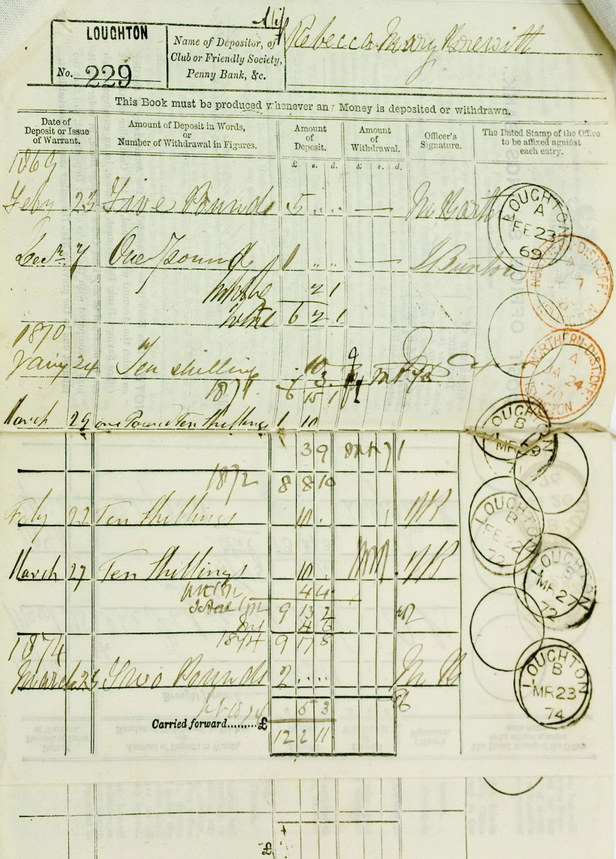 Image showing a page from a Post Office Savings Bank deposit book from 1869 - Credit: UK General Post Office