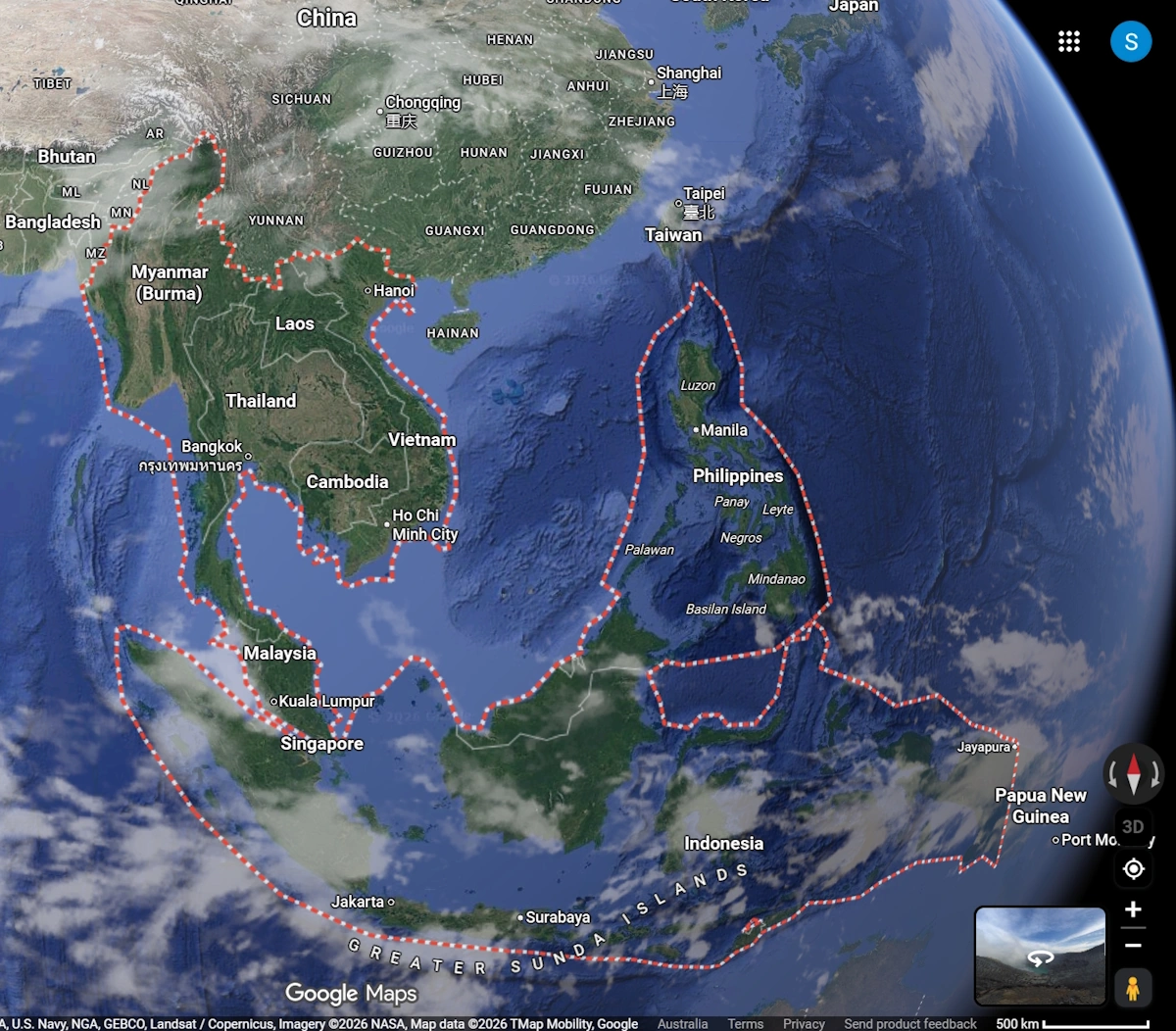 Image showing a satellite view of countries of South East Asia - Credit: Google Earth