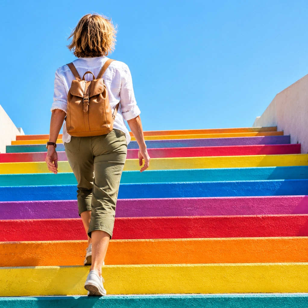 AI image of a walker making her way up a set of rainbow-coloured steps 